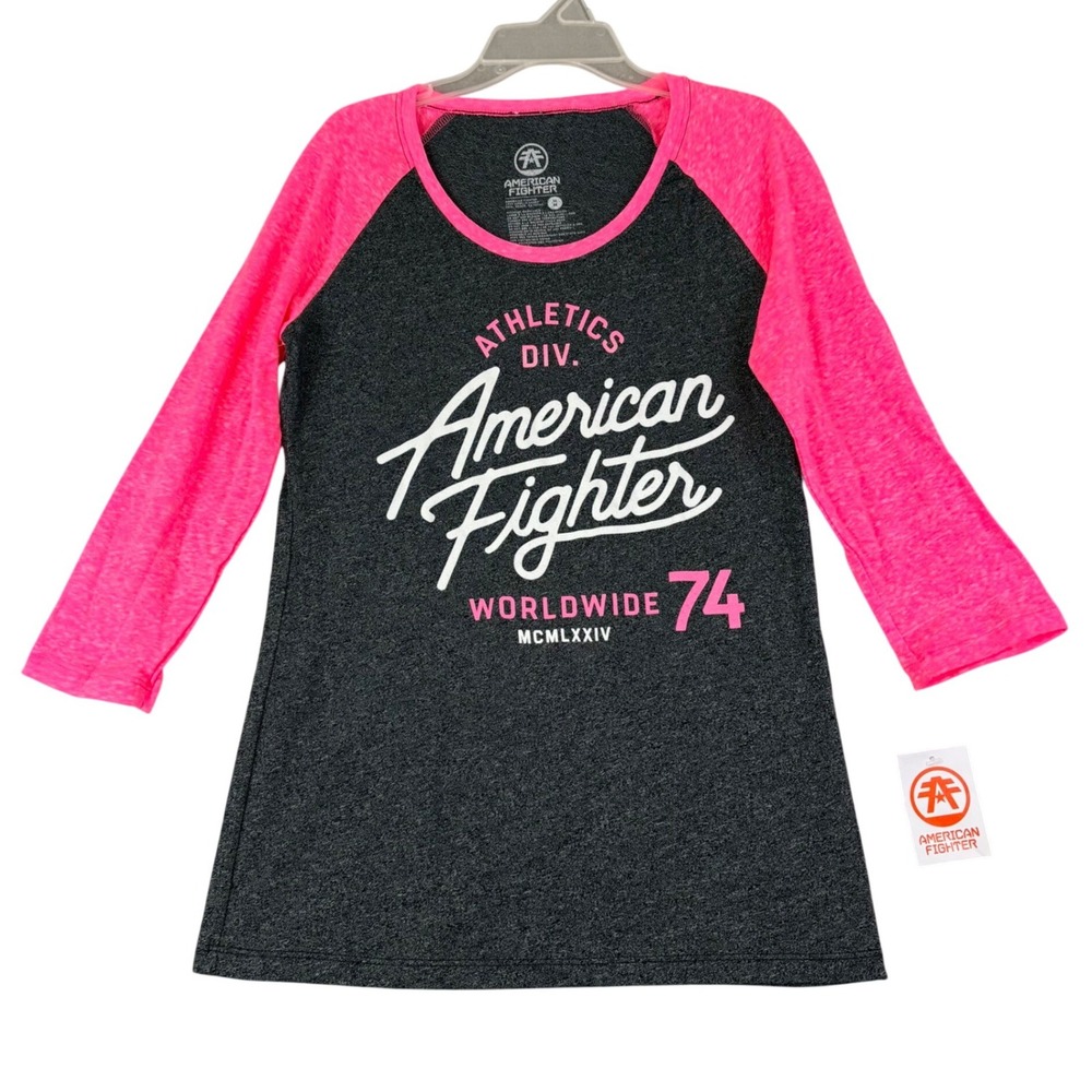 American Fighter Womens M Pink Gray Raglan 3/4 Sleeve Graphic Tee MMA Casual NWT